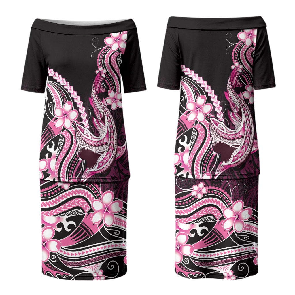 Pink Black Aloha Hawaii Family Matching Puletasi and Hawaiian Shirt Polynesian Shark Tattoo Plumeria LT14 Mom's Dress Pink - Polynesian Pride