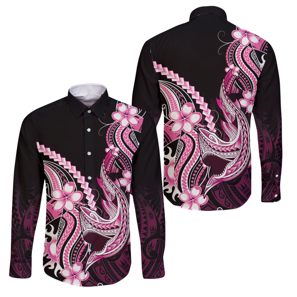Pink Black Aloha Hawaii Family Matching Puletasi and Hawaiian Shirt Polynesian Shark Tattoo Plumeria LT14 Dad's Shirt - Long Sleeve Pink - Polynesian Pride