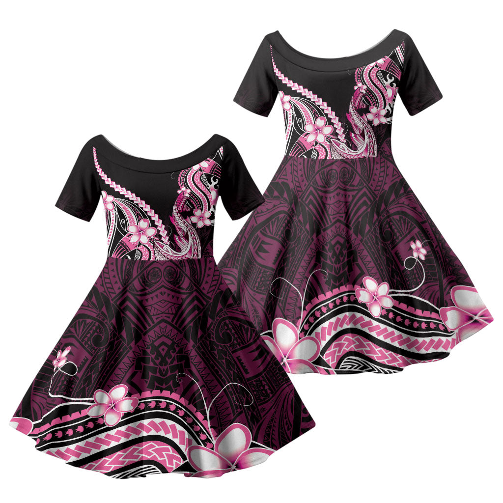 Pink Black Aloha Hawaii Family Matching Puletasi and Hawaiian Shirt Polynesian Shark Tattoo Plumeria LT14 Daughter's Dress Pink - Polynesian Pride