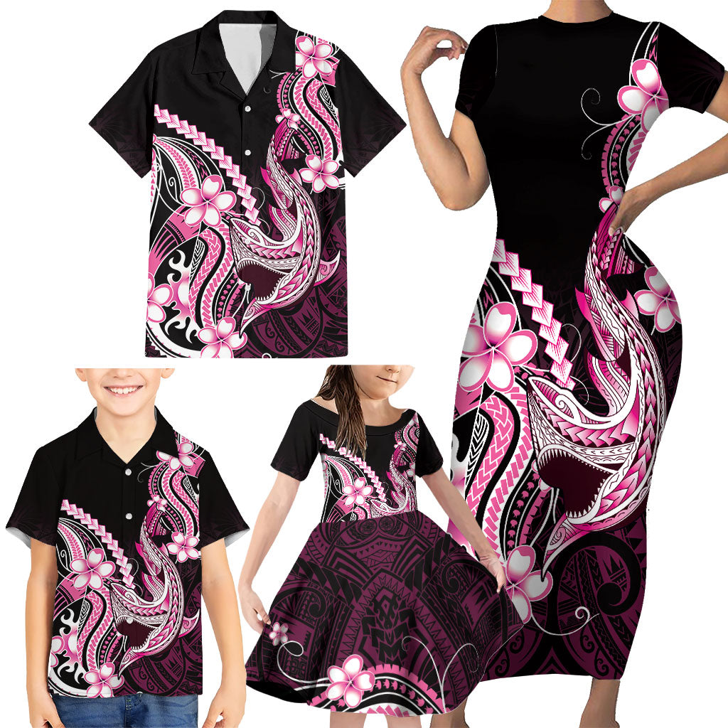 Pink Black Aloha Hawaii Family Matching Short Sleeve Bodycon Dress and Hawaiian Shirt Polynesian Shark Tattoo Plumeria