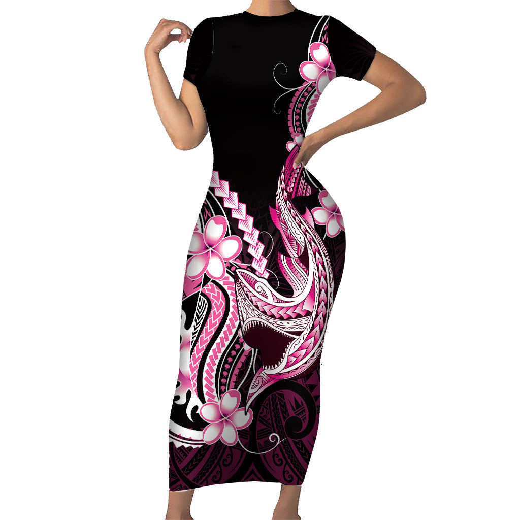 Pink Black Aloha Hawaii Family Matching Short Sleeve Bodycon Dress and Hawaiian Shirt Polynesian Shark Tattoo Plumeria