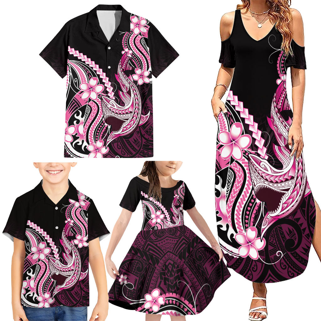 Pink Black Aloha Hawaii Family Matching Summer Maxi Dress and Hawaiian Shirt Polynesian Shark Tattoo Plumeria LT14 - Polynesian Pride