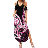 Pink Black Aloha Hawaii Family Matching Summer Maxi Dress and Hawaiian Shirt Polynesian Shark Tattoo Plumeria