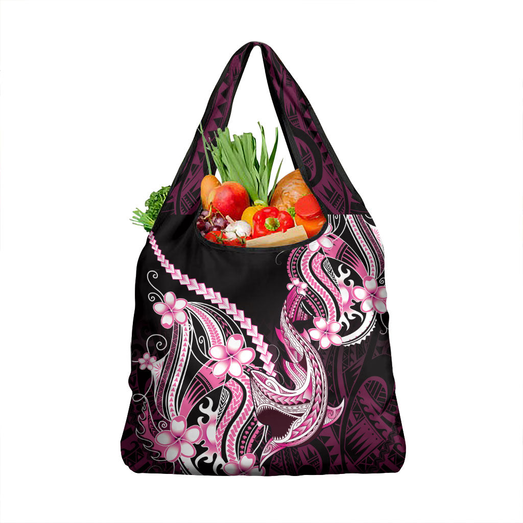 Pink Black Aloha Hawaii Grocery Bag Polynesian Shark Tattoo Plumeria