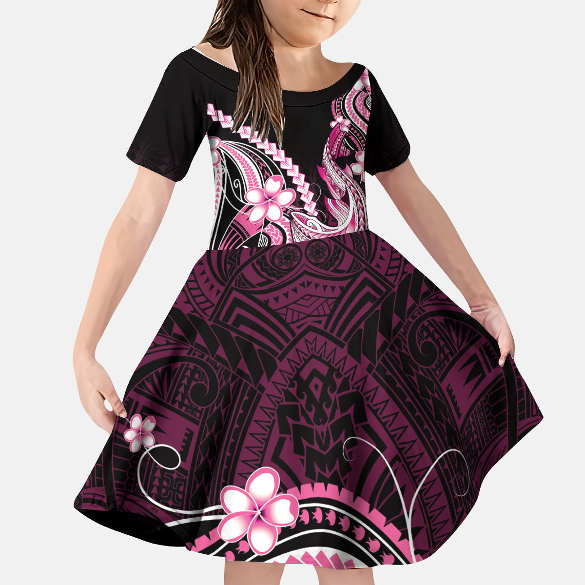 Pink Black Aloha Hawaii Kid Short Sleeve Dress Polynesian Shark Tattoo Plumeria