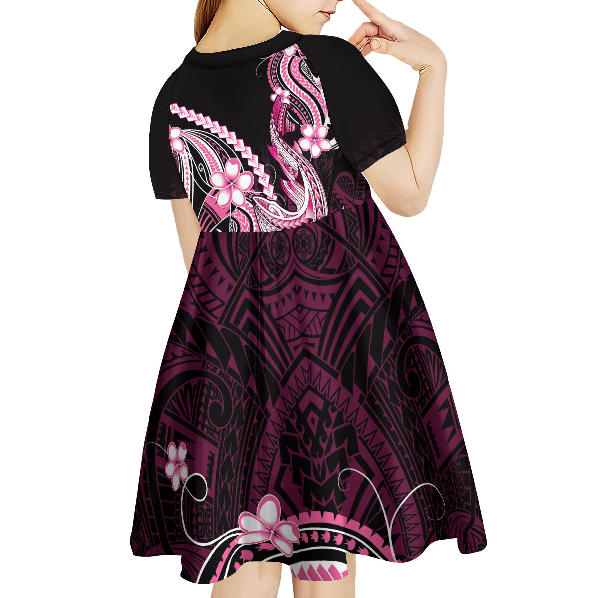 Pink Black Aloha Hawaii Kid Short Sleeve Dress Polynesian Shark Tattoo Plumeria