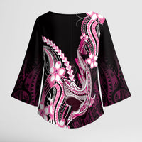 Pink Black Aloha Hawaii Kimono Sleeve Blouse Polynesian Shark Tattoo Plumeria