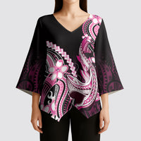 Pink Black Aloha Hawaii Kimono Sleeve Blouse Polynesian Shark Tattoo Plumeria