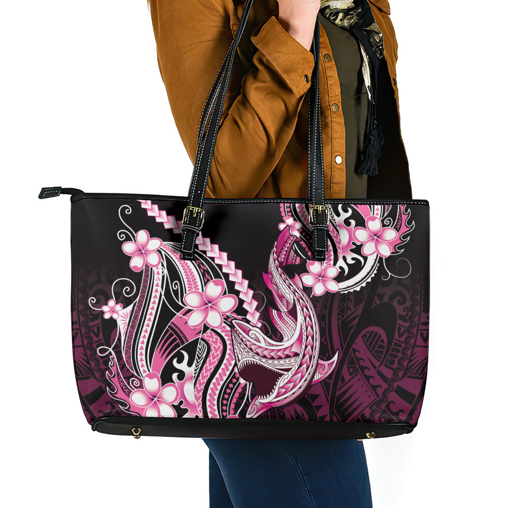 Pink Black Aloha Hawaii Leather Tote Bag Polynesian Shark Tattoo Plumeria