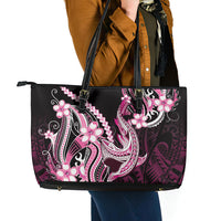 Pink Black Aloha Hawaii Leather Tote Bag Polynesian Shark Tattoo Plumeria