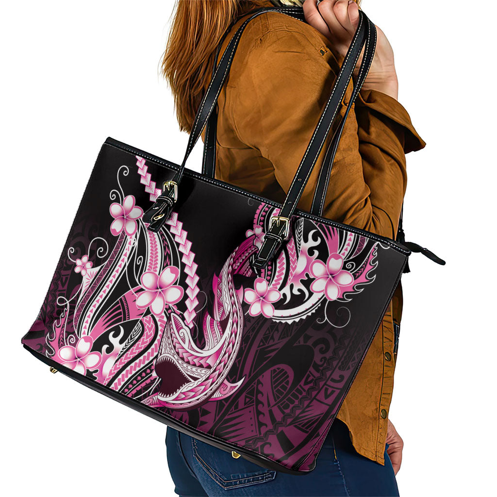 Pink Black Aloha Hawaii Leather Tote Bag Polynesian Shark Tattoo Plumeria