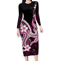 Pink Black Aloha Hawaii Long Sleeve Bodycon Dress Polynesian Shark Tattoo Plumeria