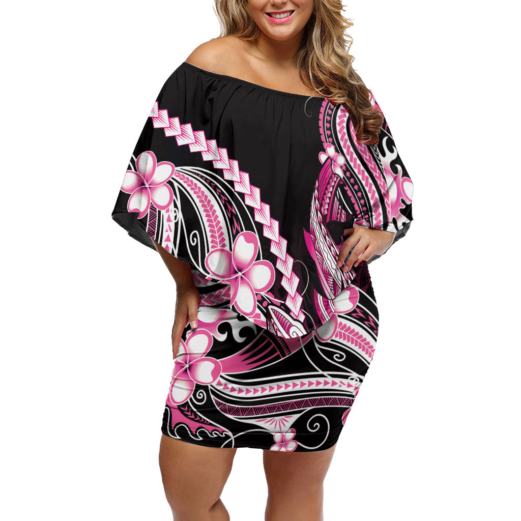 Pink Black Aloha Hawaii Off Shoulder Short Dress Polynesian Shark Tattoo Plumeria LT14 Women Pink - Polynesian Pride