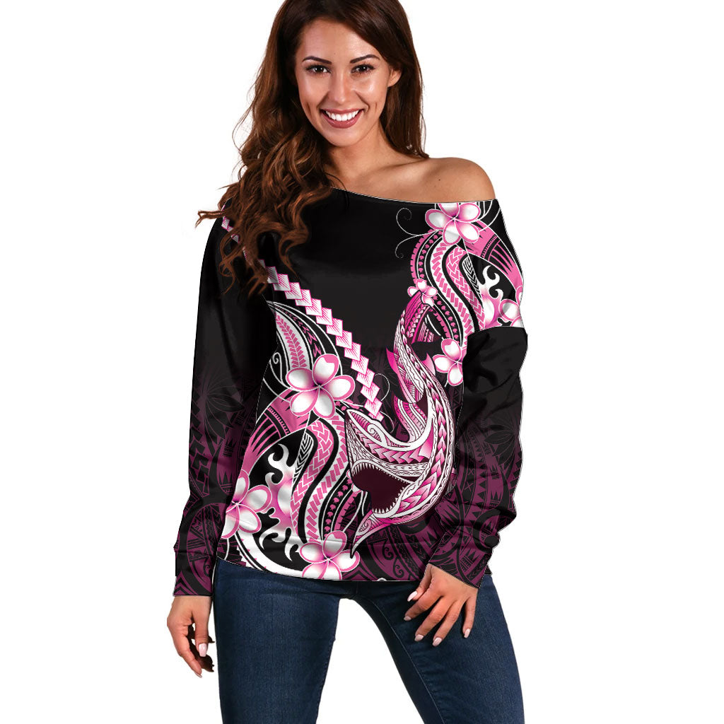 Pink Black Aloha Hawaii Off Shoulder Sweater Polynesian Shark Tattoo Plumeria LT14 Women Pink - Polynesian Pride