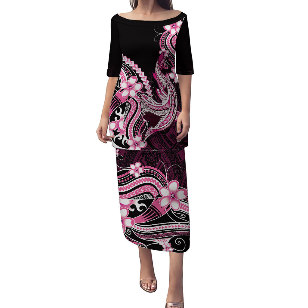 Pink Black Aloha Hawaii Puletasi Polynesian Shark Tattoo Plumeria LT14 Long Dress Pink - Polynesian Pride