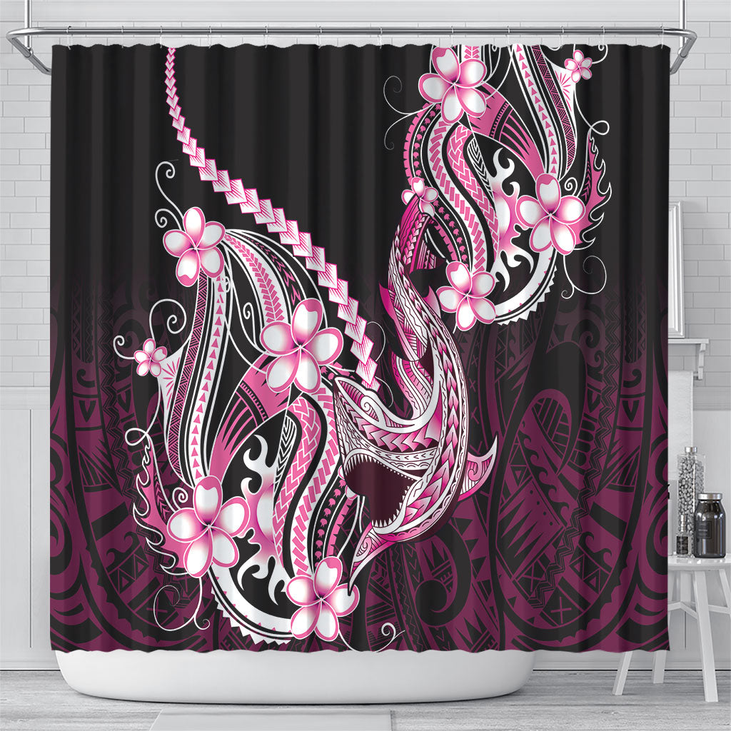 Pink Black Aloha Hawaii Shower Curtain Polynesian Shark Tattoo Plumeria