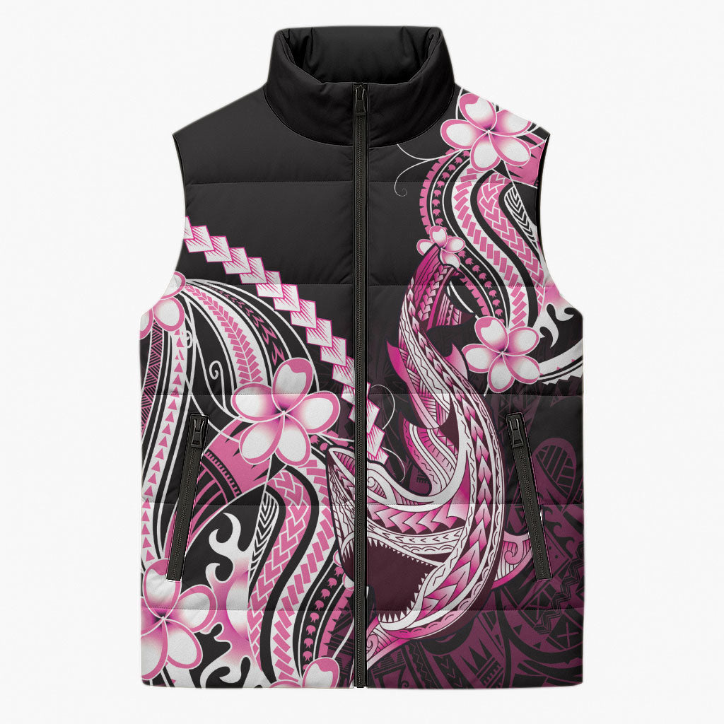 Pink Black Aloha Hawaii Sleeveless Puffer Jacket Polynesian Shark Tattoo Plumeria LT14 Unisex Pink - Polynesian Pride