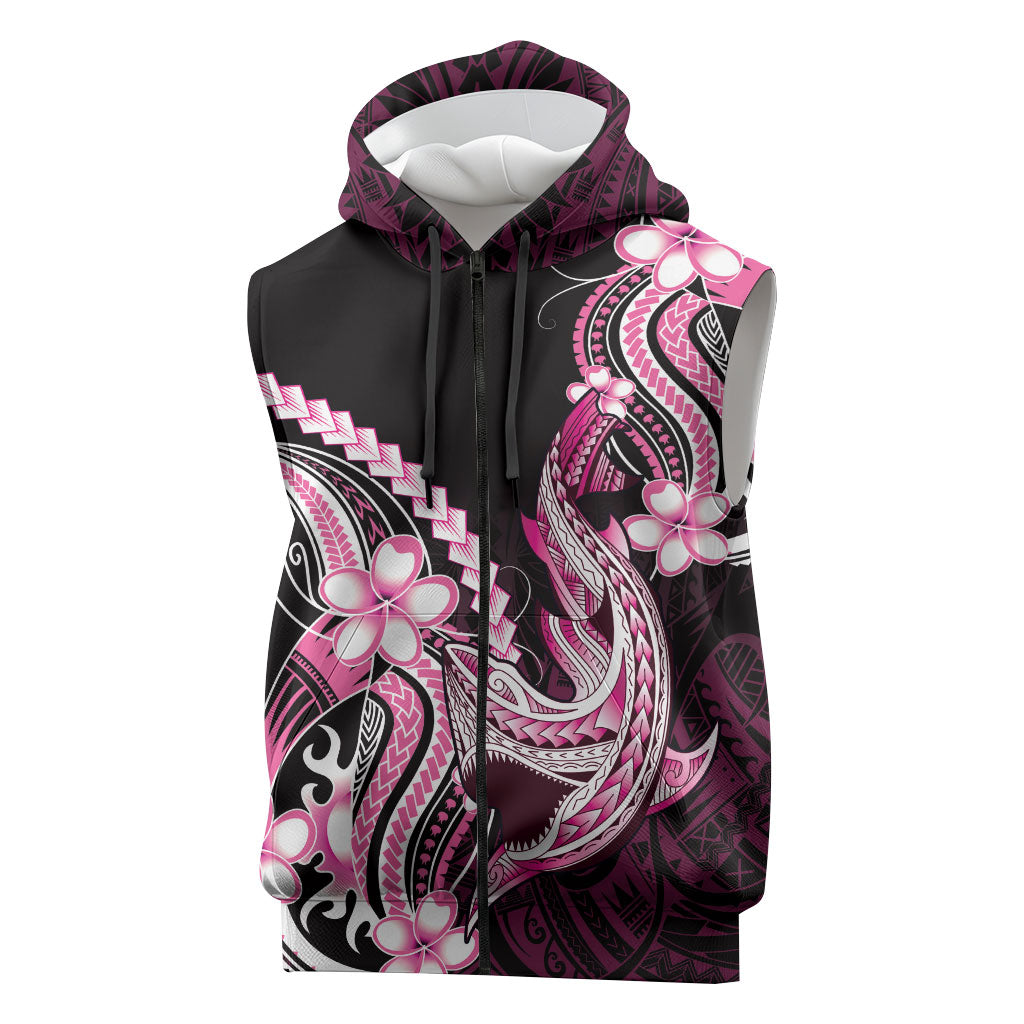 Pink Black Aloha Hawaii Sleeveless Zip Hoodie Polynesian Shark Tattoo Plumeria
