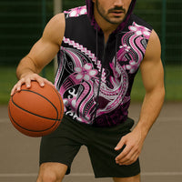 Pink Black Aloha Hawaii Sleeveless Zip Hoodie Polynesian Shark Tattoo Plumeria