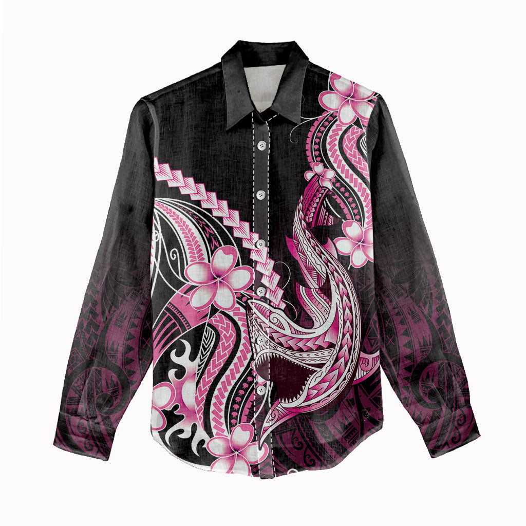 Pink Black Aloha Hawaii Women Casual Shirt Polynesian Shark Tattoo Plumeria