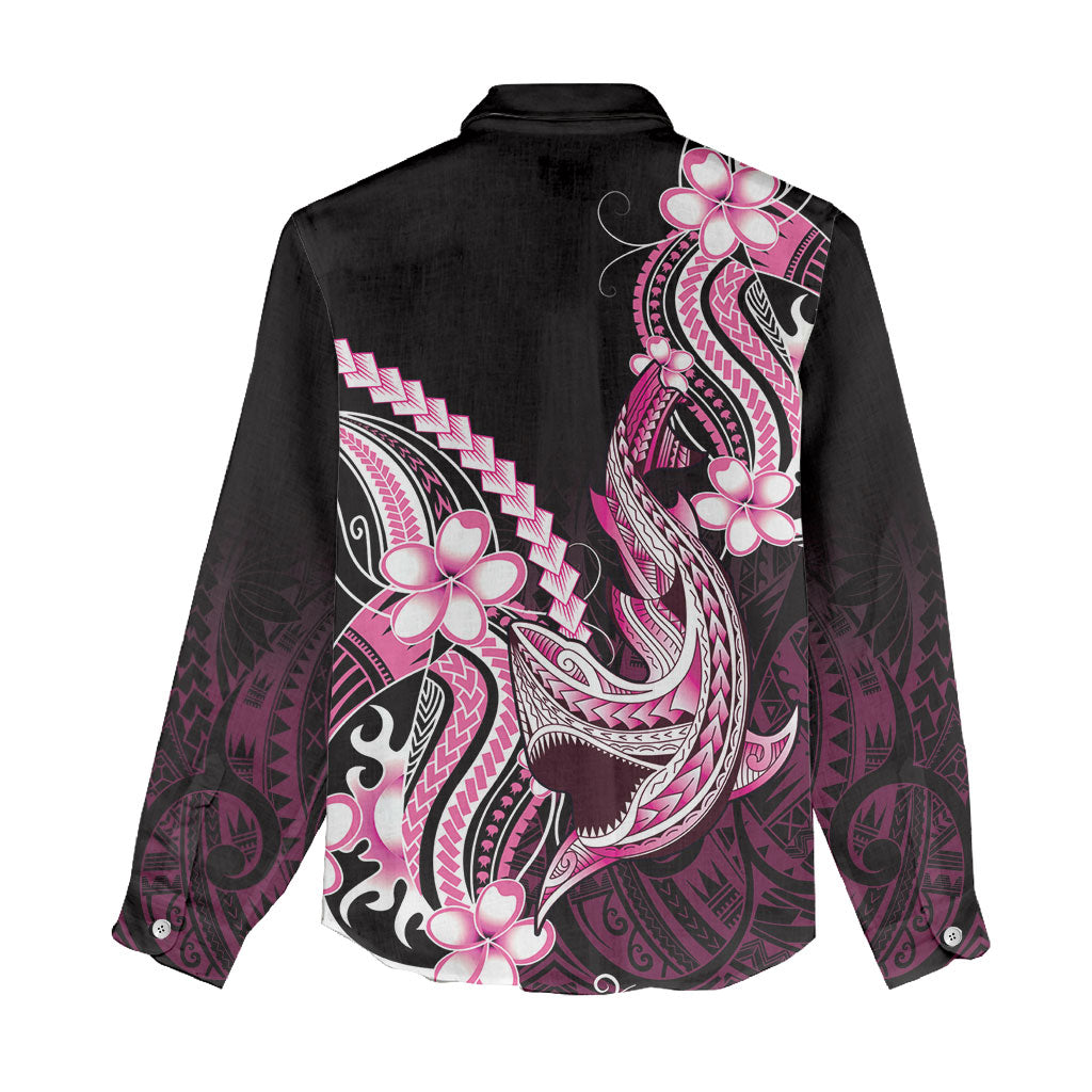 Pink Black Aloha Hawaii Women Casual Shirt Polynesian Shark Tattoo Plumeria