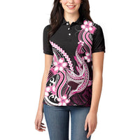 Pink Black Aloha Hawaii Women Polo Shirt Polynesian Shark Tattoo Plumeria