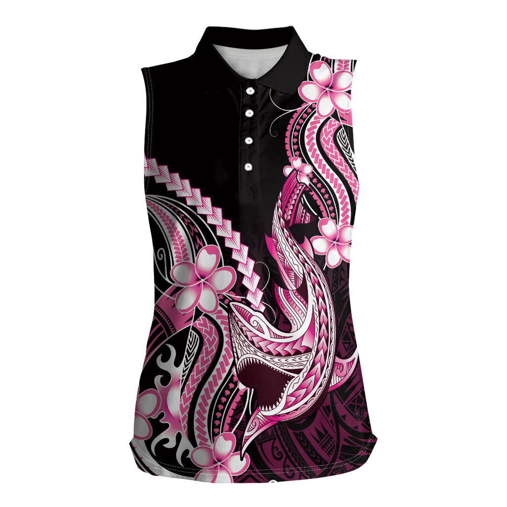 Pink Black Aloha Hawaii Women Sleeveless Polo Shirt Polynesian Shark Tattoo Plumeria