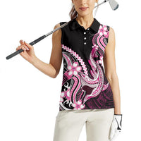 Pink Black Aloha Hawaii Women Sleeveless Polo Shirt Polynesian Shark Tattoo Plumeria