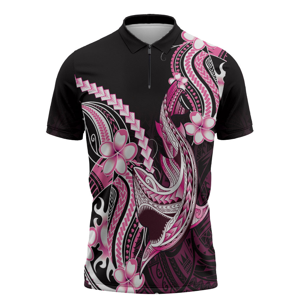 Pink Black Aloha Hawaii Zipper Polo Shirt Polynesian Shark Tattoo Plumeria