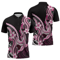 Pink Black Aloha Hawaii Zipper Polo Shirt Polynesian Shark Tattoo Plumeria