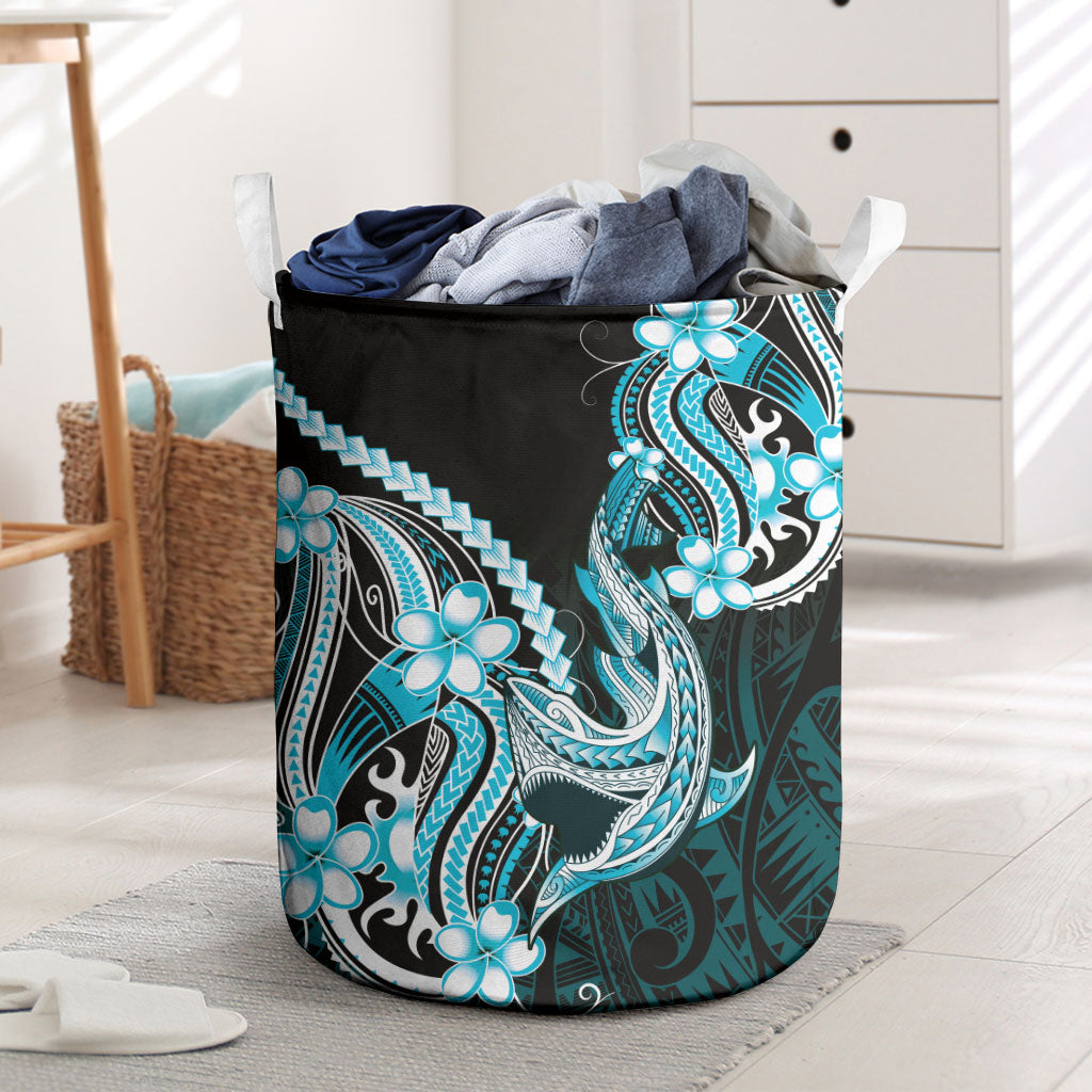 Blue Black Aloha Hawaii Laundry Basket Polynesian Shark Tattoo Plumeria