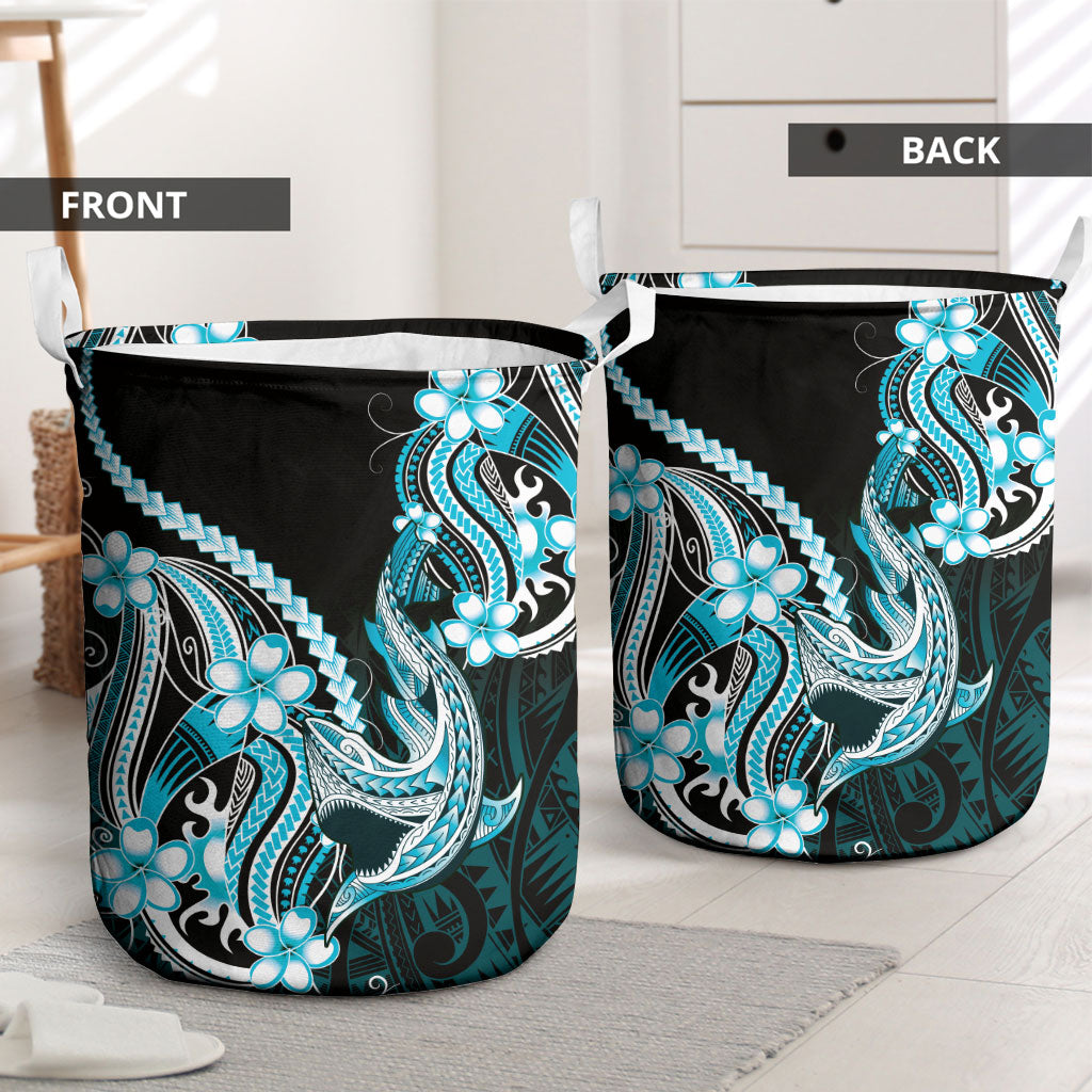 Blue Black Aloha Hawaii Laundry Basket Polynesian Shark Tattoo Plumeria