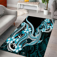 Blue Black Aloha Hawaii Area Rug Polynesian Shark Tattoo Plumeria