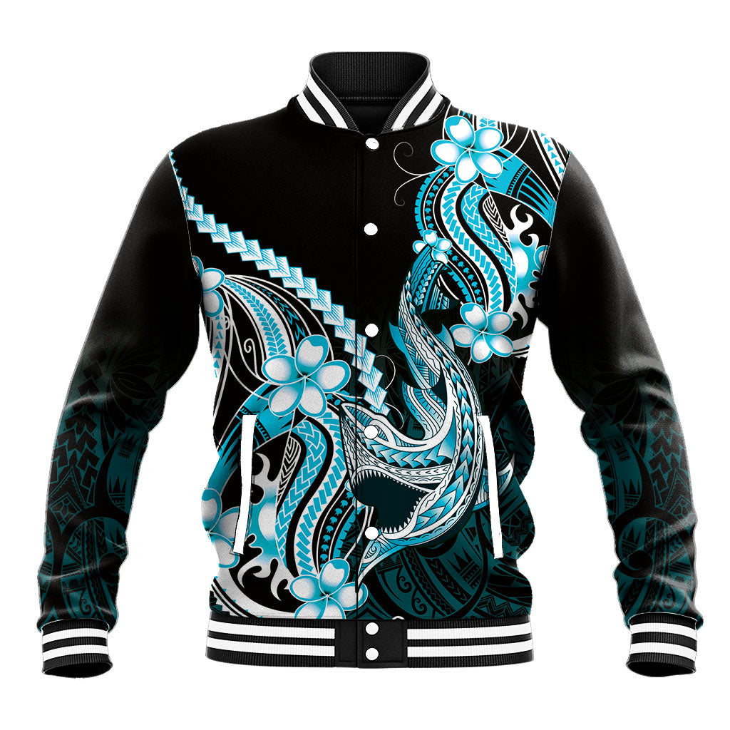 Blue Black Aloha Hawaii Baseball Jacket Polynesian Shark Tattoo Plumeria