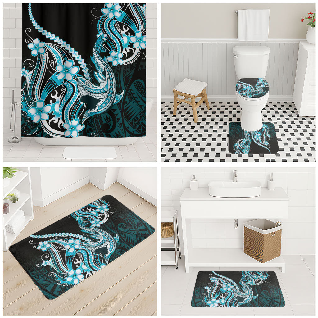 Blue Black Aloha Hawaii Bathroom Set Polynesian Shark Tattoo Plumeria