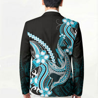 Blue Black Aloha Hawaii Blazer Polynesian Shark Tattoo Plumeria