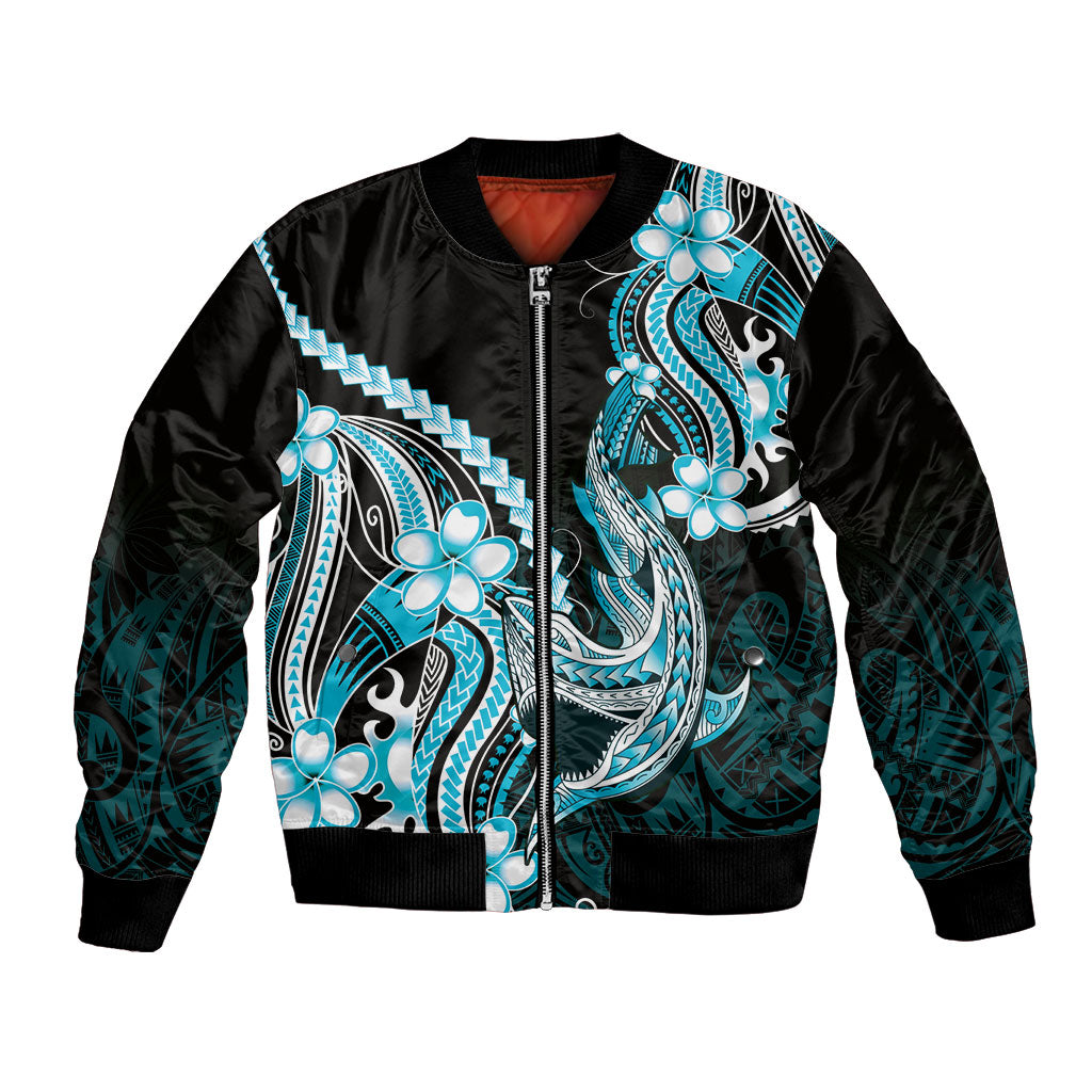 Blue Black Aloha Hawaii Bomber Jacket Polynesian Shark Tattoo Plumeria LT14 Unisex Blue - Polynesian Pride