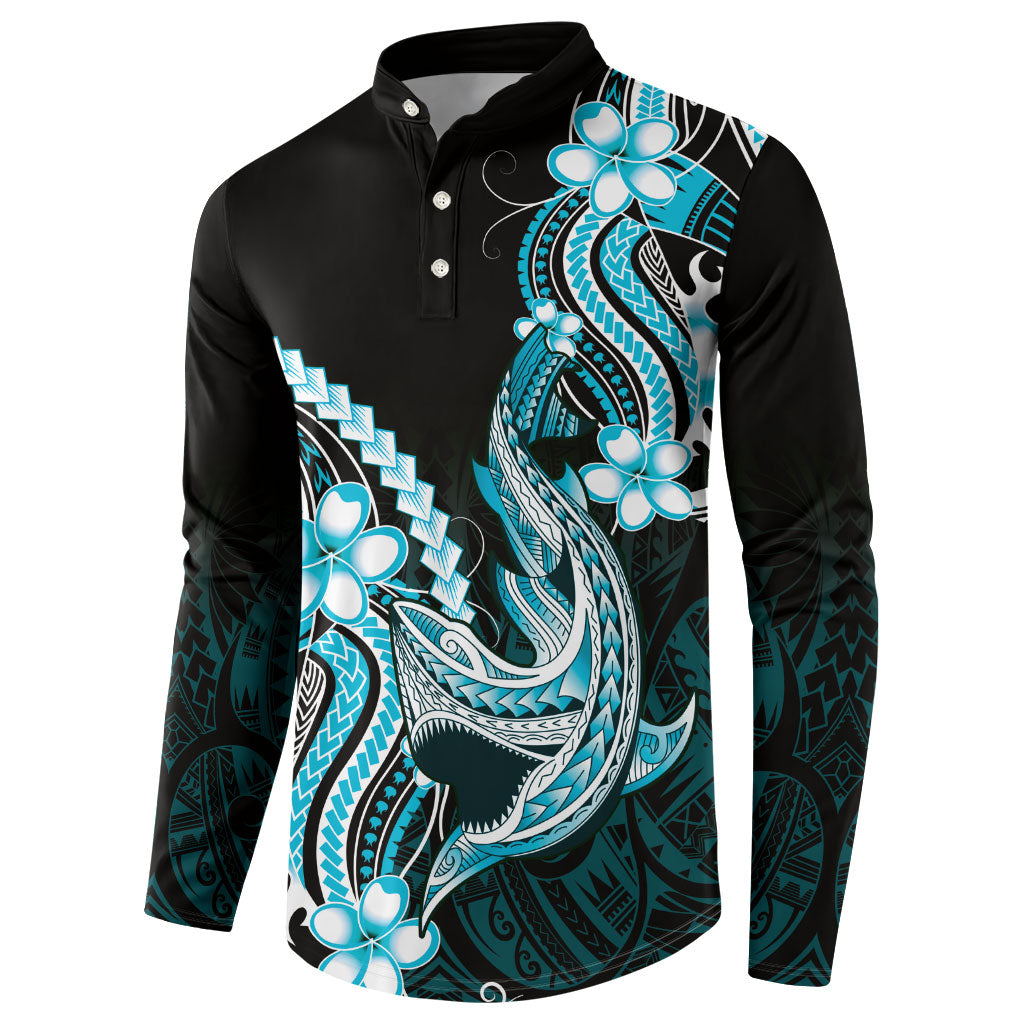 Blue Black Aloha Hawaii Button Sweatshirt Polynesian Shark Tattoo Plumeria