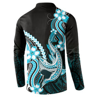 Blue Black Aloha Hawaii Button Sweatshirt Polynesian Shark Tattoo Plumeria