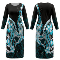 Blue Black Aloha Hawaii Couples Matching Long Sleeve Bodycon Dress and Hawaiian Shirt Polynesian Shark Tattoo Plumeria LT14 - Polynesian Pride