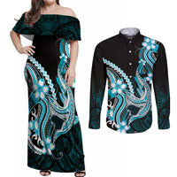 Blue Black Aloha Hawaii Couples Matching Off Shoulder Maxi Dress and Long Sleeve Button Shirt Polynesian Shark Tattoo Plumeria