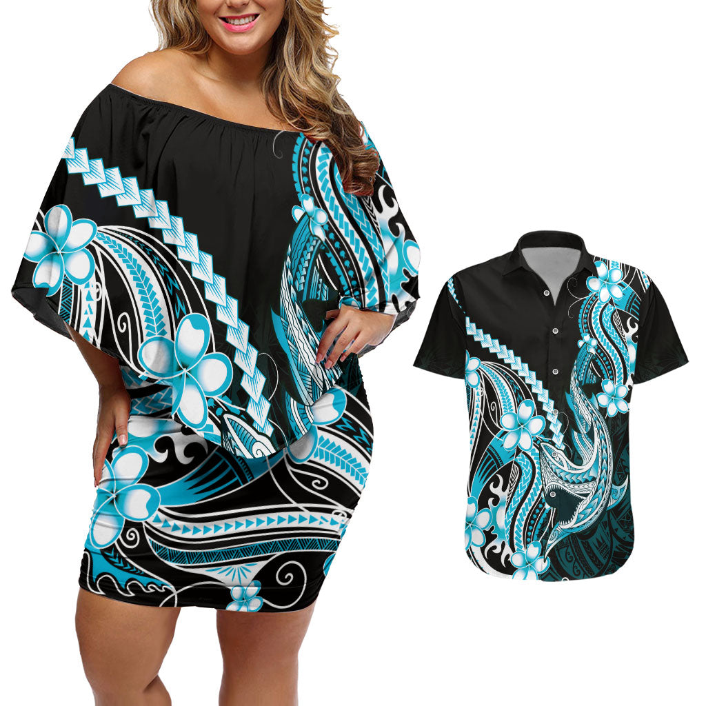 Blue Black Aloha Hawaii Couples Matching Off Shoulder Short Dress and Hawaiian Shirt Polynesian Shark Tattoo Plumeria