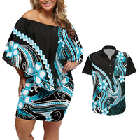 Blue Black Aloha Hawaii Couples Matching Off Shoulder Short Dress and Hawaiian Shirt Polynesian Shark Tattoo Plumeria