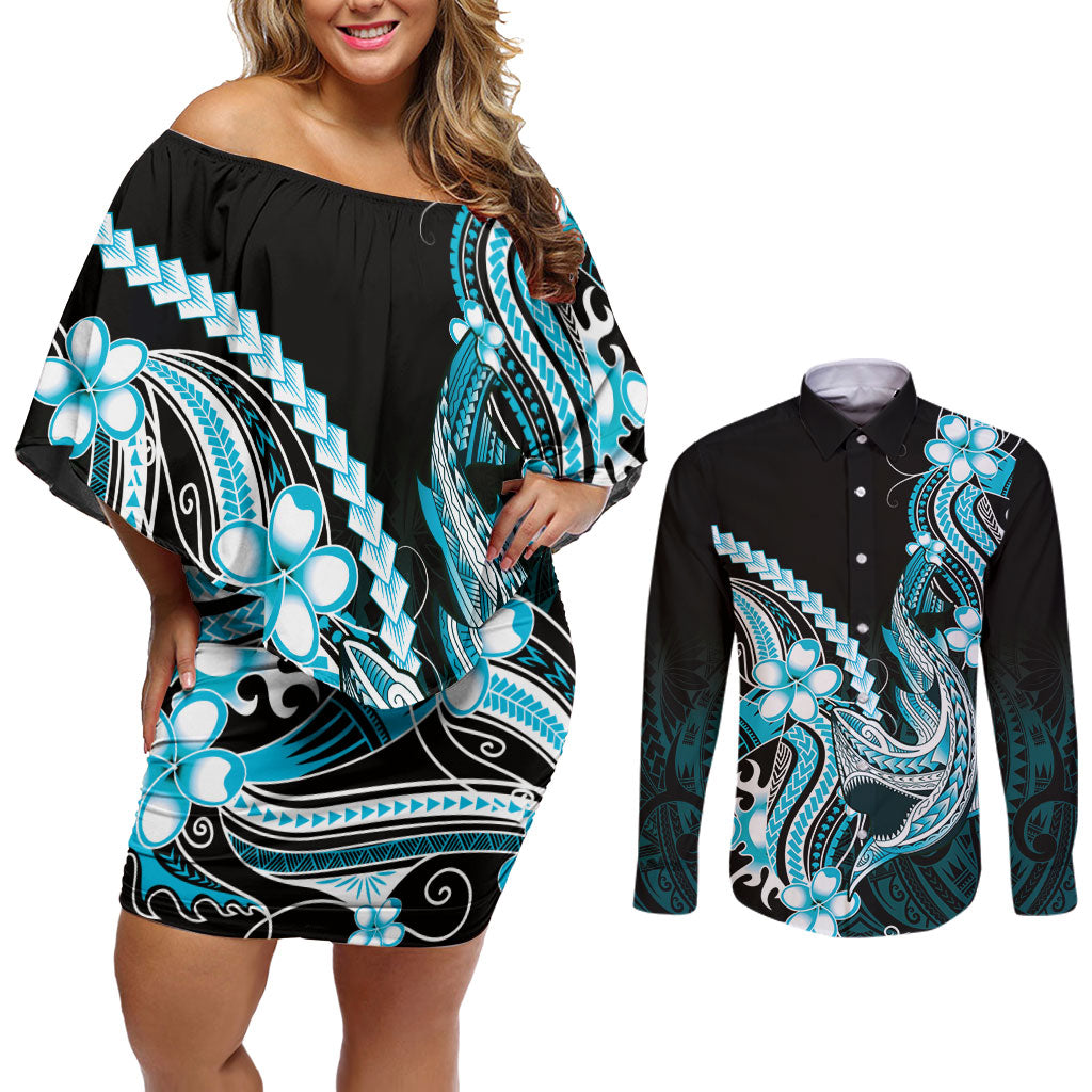 Blue Black Aloha Hawaii Couples Matching Off Shoulder Short Dress and Long Sleeve Button Shirt Polynesian Shark Tattoo Plumeria