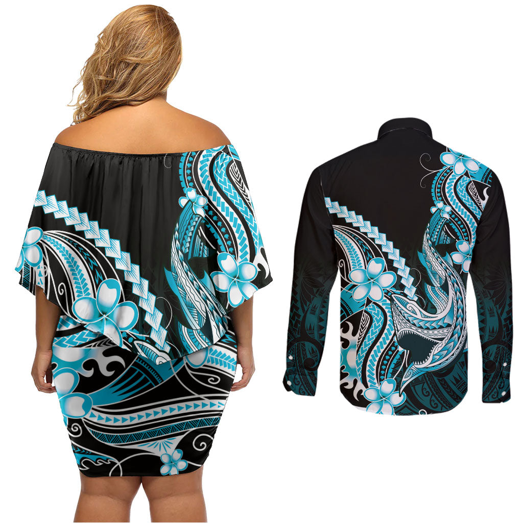 Blue Black Aloha Hawaii Couples Matching Off Shoulder Short Dress and Long Sleeve Button Shirt Polynesian Shark Tattoo Plumeria
