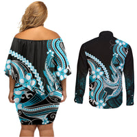 Blue Black Aloha Hawaii Couples Matching Off Shoulder Short Dress and Long Sleeve Button Shirt Polynesian Shark Tattoo Plumeria