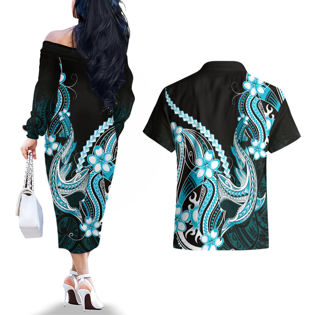 Blue Black Aloha Hawaii Couples Matching Off The Shoulder Long Sleeve Dress and Hawaiian Shirt Polynesian Shark Tattoo Plumeria