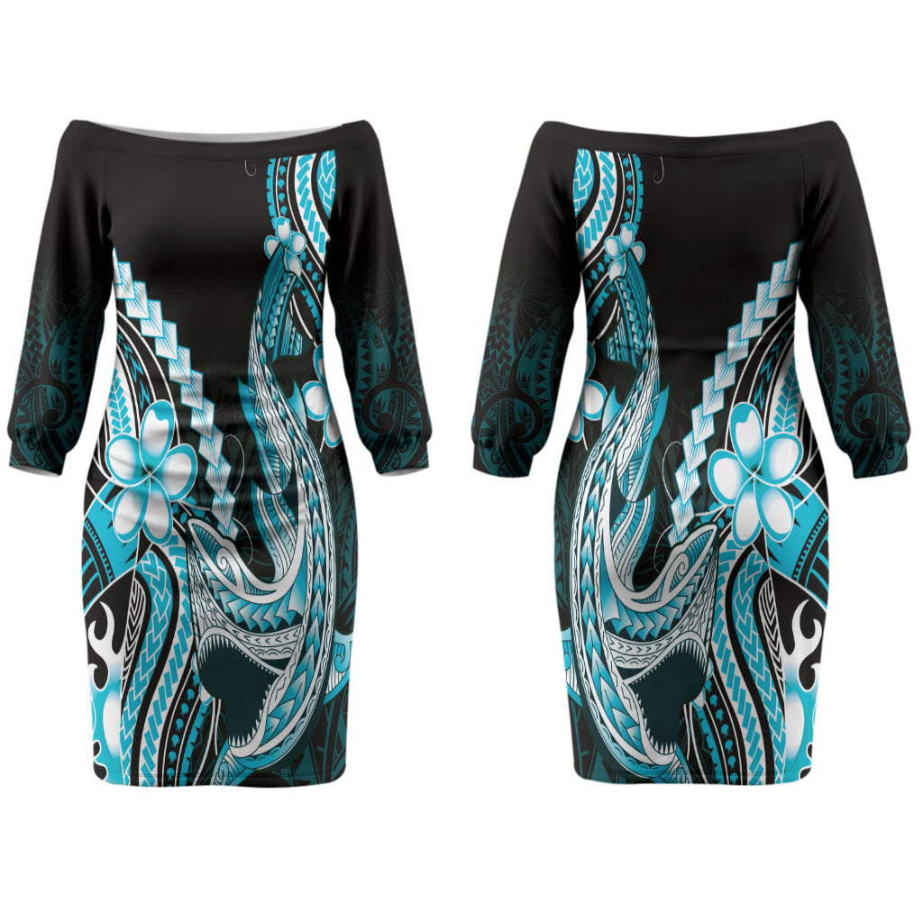 Blue Black Aloha Hawaii Couples Matching Off The Shoulder Long Sleeve Dress and Hawaiian Shirt Polynesian Shark Tattoo Plumeria LT14 - Polynesian Pride