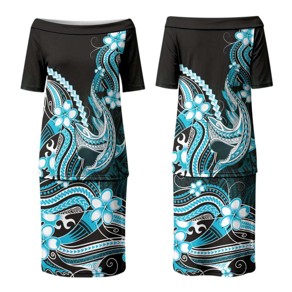 Blue Black Aloha Hawaii Couples Matching Puletasi and Hawaiian Shirt Polynesian Shark Tattoo Plumeria LT14 - Polynesian Pride