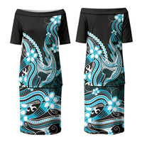 Blue Black Aloha Hawaii Couples Matching Puletasi and Hawaiian Shirt Polynesian Shark Tattoo Plumeria LT14 - Polynesian Pride